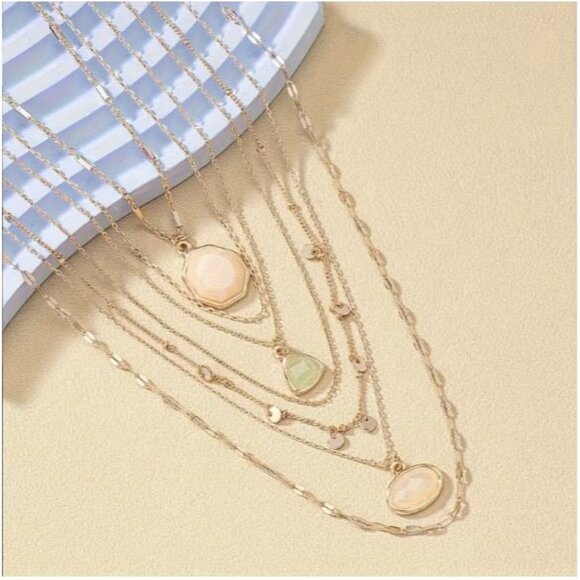 NEW Sasha 18K Rose Gold Plated Pink Stone Layered Boho Necklace - Picture 2 of 5